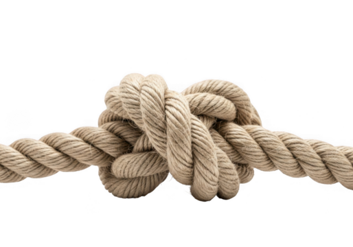 Closeup of a rope with a knot isolated on transparent background, emphasizing the intertwined strands and the concept of connection