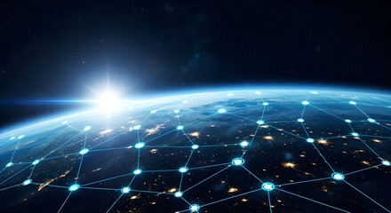 Stunning global network connecting continents with bright digital lines, symbolizing internet communication and future technology across the planet.