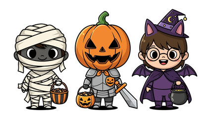 Halloween Trio: A delightful trio of costumed characters, each embodying the spooky spirit of Halloween. A mummy, a carved pumpkin, and a little witch, ready for trick-or-treating.
