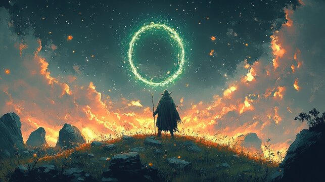 A cloaked figure with a staff stands on a rocky hill under a dramatic fiery sunset sky, gazing at a glowing green magical ring suspended in the air, surrounded by floating embers