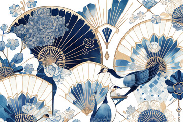 Elegant Blue and White Floral Fan Pattern on Black Backdrop Intricate Design with Gold Accents Delicate Blossoms Asian Art Inspired Background Detailed Illustration Graphic Design for Transparent