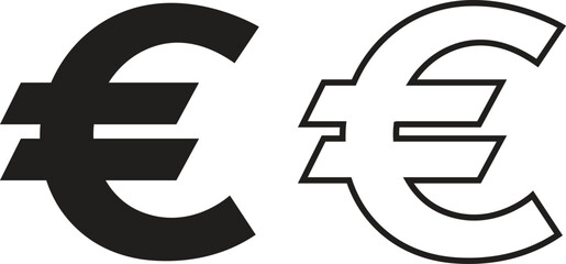 Euro currency symbols black flat and outline icons set. Money finance payment coins vectors illustration. Wealth and banking cash economy euro signs graphic for currency exchange business designs.