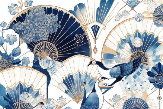 Elegant Blue and White Floral Fan Pattern on Black Backdrop Intricate Design with Gold Accents Delicate Blossoms Asian Art Inspired Background Detailed Illustration Graphic Design for Transparent