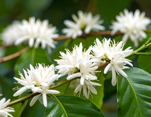 Close-up of white coffee blossoms on a branch.  Bright, vibrant flowers