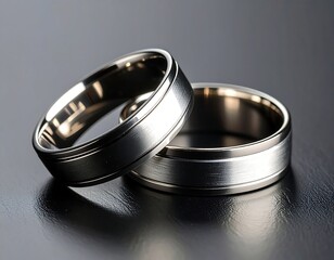 Two metallic bands, brushed finish, lie on dark surface