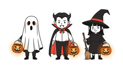 Halloween Characters' Gathering: Three festive characters embodying the spooky spirit of Halloween, illuminated against a backdrop of eerie night, each grasping a glowing jack-o'-lantern.