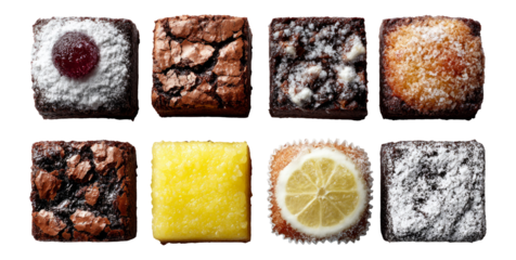 Delicious assorted dessert squares with colorful toppings and unique textures