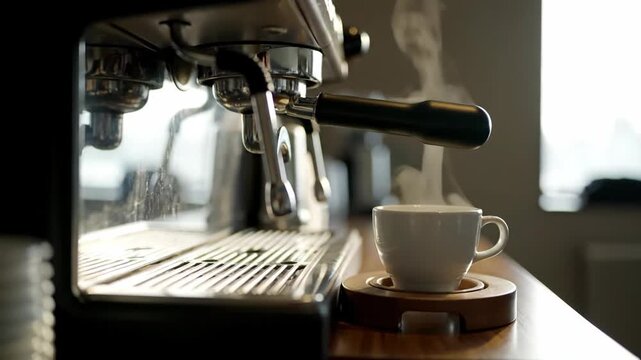 Close-up of Espresso Machine Brewing Coffee into a White Cup