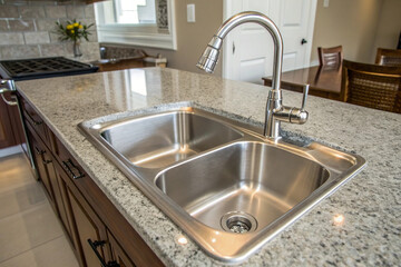 Modern double-basin stainless steel kitchen sink set into a speckled granite island with a chrome faucet