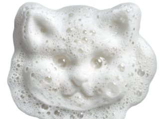 Fluffy white soap suds shaped like a cat's head