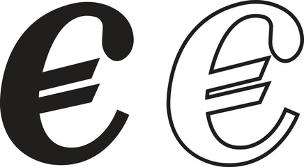 Euro currency symbols black flat and outline icons set. Money finance payment coins vectors illustration. Wealth and banking cash economy euro signs graphic for currency exchange business designs.