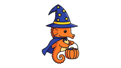 Mystic Seahorse's Halloween Enchantment: An enchanting illustration presents a seahorse, adorned in a wizard hat and cape, playfully trick-or-treating with a pumpkin basket.