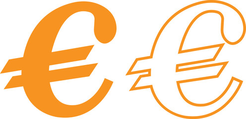Euro currency symbols yellow flat and outline icons set. Money finance payment coins vectors illustration. Wealth and banking cash economy euro signs graphic for currency exchange business designs.