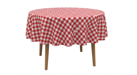 Round picnic table with red and white checkered tablecloth isolated on transparent background