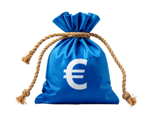 Blue sack with euro symbol represents european currency, financial savings, investment, and wealth in a simple, isolated studio setup on white.