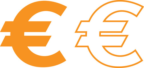 Euro currency symbols yellow flat and outline icons set. Money finance payment coins vectors illustration. Wealth and banking cash economy euro signs graphic for currency exchange business designs.