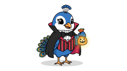 Halloween Peacock: A charming peacock dressed for Halloween, wearing a vampire cloak and holding a jack-o'-lantern, embodying festive spirit in a vibrant illustration.