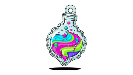 Obraz premium Magic in a Vial: A whimsical, illustrated vial filled with swirling, vibrant liquids and effervescent bubbles, embodying a sense of fantasy, wonder, and the extraordinary.