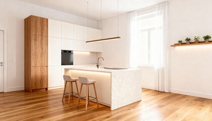 Fototapeta premium Minimalist kitchen with marble island, bar stools, and wooden cabinetry. Sunlit interior highlights clean lines and Scandinavian design. 