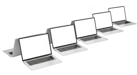 Row of open laptops with blank screens isolated on transparent background