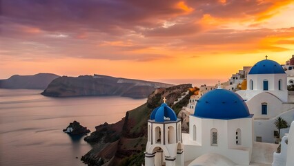 Golden Sunset Over Santorini, Greece Illuminates The Iconic Whitewashed Buildings And Blue Domes Perched On Clifftops, Creating A Romantic And Breathtaking Mediterranean Masterpiece