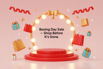 Get ready for massive savings with Boxing Day Sales promotion featuring gift boxes and shopping bags, an opportunity to purchase before it is too late, limited time offer