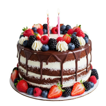 Delicious naked chocolate cake decorated with fresh berries and candles celebration dessert