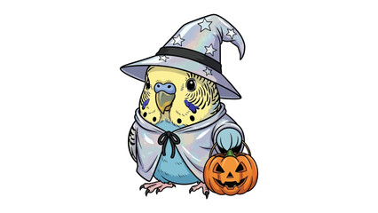 Halloween Parakeet: An adorable parakeet, dressed in a wizard costume, joyfully holds a carved pumpkin, ready for Halloween fun.