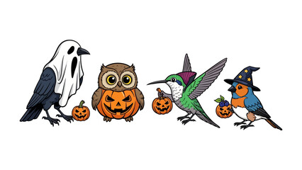 Halloween Birds: A delightful collection of cartoon birds in Halloween costumes. Featuring a ghost, owl, hummingbird, and robin, each adorned with festive details.