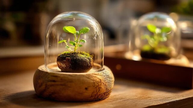 A small seedling under a glass dome on a wooden base.