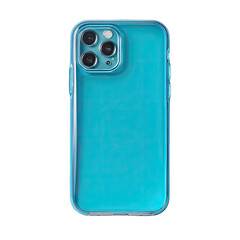 Back of phone encased in a blue clear phone case