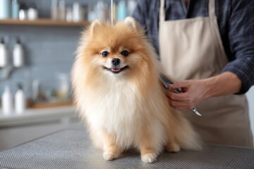 Pomeranian dog receiving professional grooming in pet salon