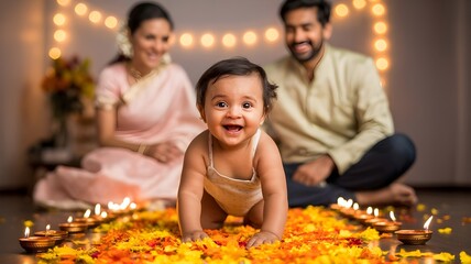 Happy Family Celebrating Diwali with Baby Crawling on Flower Petals and Diyas in the Background