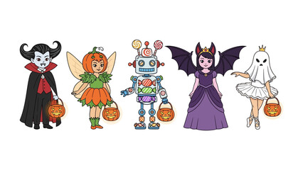Halloween Fun: A charming collection of cartoon characters dressed in festive costumes, each holding a Halloween treat container, embodying the playful spirit of the holiday and the joy of childhood.