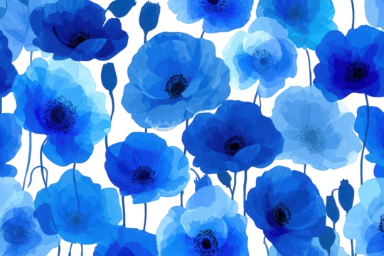 Seamless Pattern of Blue Poppies on Black Background Floral Design with Watercolor Style Petals and Stems Romantic Springtime Aesthetic for Fabrics and Wallpapers Textile Design Pattern