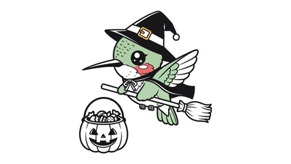 Whimsical Halloween Hummingbird: A delightful and whimsical illustration showcases a charming hummingbird in a witch costume, soaring through the air.