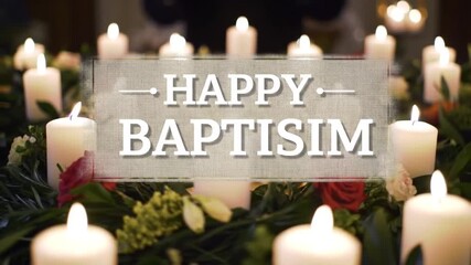 Warm baptism celebration video featuring candles and floral wreath for religious event