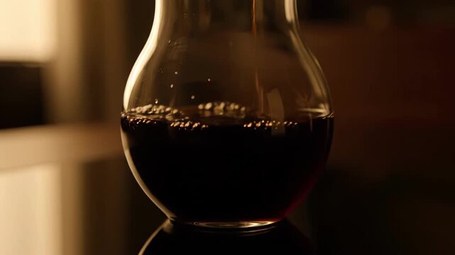 Coffee being poured into a clear glass syphon coffee maker, filling it with dark liquid in a close up shot on a dark reflective surface.