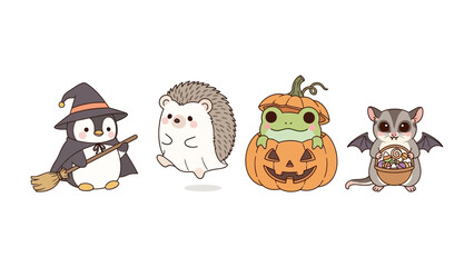 Halloween Menagerie: A whimsical illustration featuring four adorable animals – a penguin witch, a hedgehog ghost, a frog in a pumpkin, and a bat, each playfully embodying the spirit of Halloween.