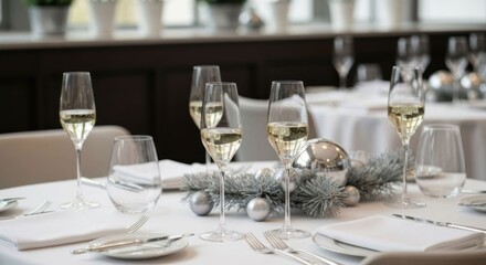 Festive table setting with champagne flutes and decorations