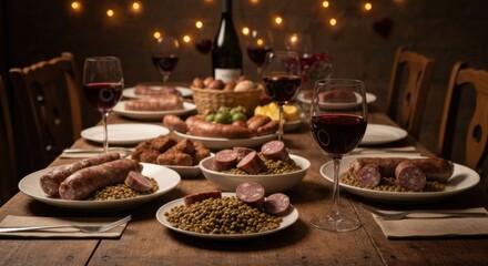 Festive sausage feast on a rustic table