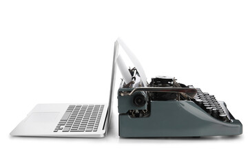 Vintage typewriter with blank paper sheet and modern laptop isolated on white background, closeup