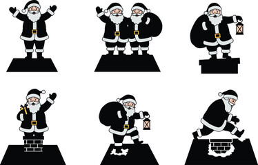 Santa Claus cartoon illustrations, festive chimney scenes, Christmas vector graphics, holiday character poses, lantern and gift elements, seasonal clipart, winter celebration icons