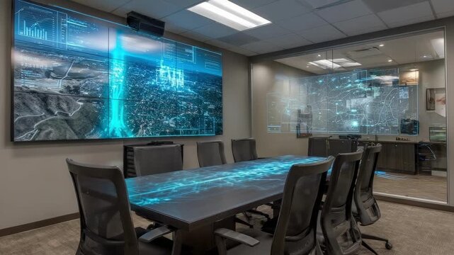 A futuristic conference room with a long table and multiple wall screens displaying blue holographic data and maps.