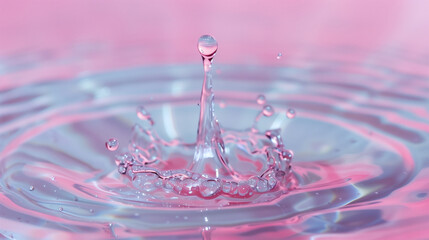 Macro shot of a water drop splash with pink tones, capturing the impact moment with artistic ripples and liquid textures