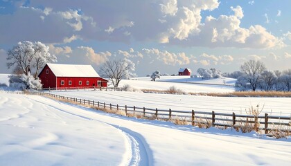 Snowy farm fields scene