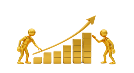 Gold 3D Figures with Increasing Bar Chart and Upward Arrow Representing Growth