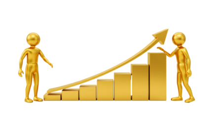 Gold 3D Human Figures with Growing Bar Chart and Upward Arrow for Business Success