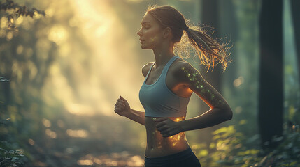 Young woman running in a forest at dawn Generative AI