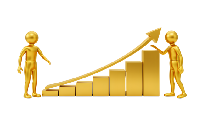 Gold 3D Human Figures with Growing Bar Chart and Upward Arrow for Business Success
